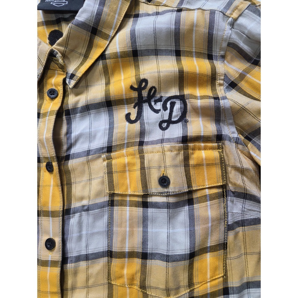 Harley-Davidson Women's XL Plaid Button Up Shirt Yellow Gray Flannel Embroidered - Picture 3 of 10
